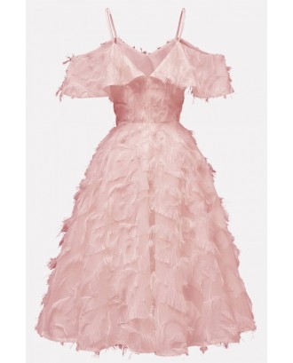 Pink Fringe Spaghetti Straps V Neck Beautiful A Line Dress