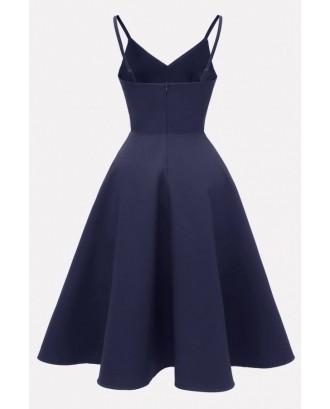 Dark-blue Spaghetti Straps V Neck Beautiful A Line Dress