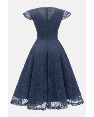 Dark-blue V Neck Flutter Sleeve Beautiful A Line Lace Dress
