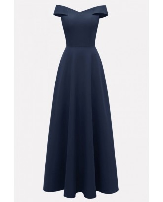 Dark-blue Off Shoulder Zipper Back Beautiful Maxi Dress