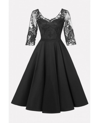 Black Lace V Neck Half Sleeve Beautiful A Line Dress