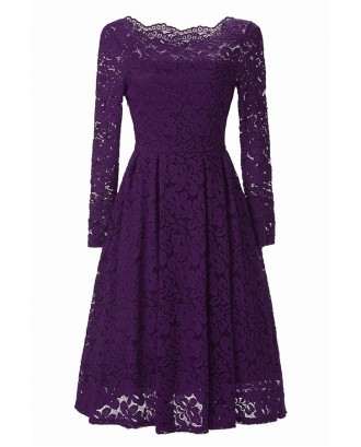 Lace Crochet Long Sleeve Pleated A Line Party Dress