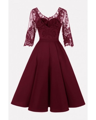 Dark-red Lace V Neck Half Sleeve Beautiful A Line Dress