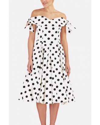 White Polka Dot Off Shoulder Beautiful A Line Dress