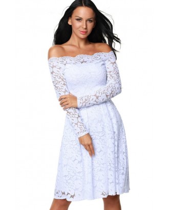 Solid Color Off Shoulder Lace Pleated Long Sleeve Dress