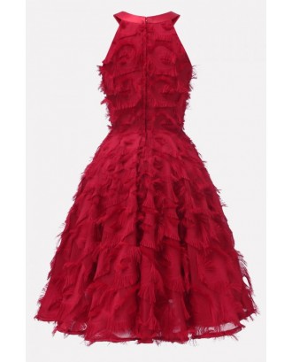 Dark-red Fringe Sleeveless Beautiful A Line Dress