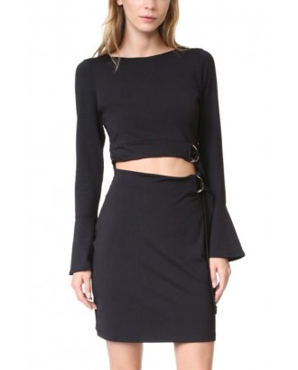 Black Cutout Belted Flare Long Sleeve Beautiful Party Dress