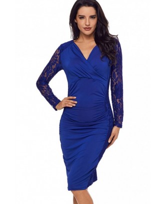 Blue Wrap V Neck Ruched Hollow Lace Beautiful Bodycon Party Dress