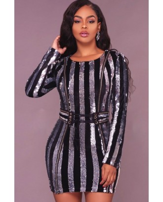 Silver Striped Sparkle Sequined Lace Up Beautiful Bodycon Mini Party Dress