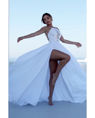 White Crochet Decor High Slit Sleeveless Beautiful Maxi Formal Dress