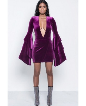 Plunging V Neck Layered Flare Sleeve Beautiful Bodycon Velvet Party Dress