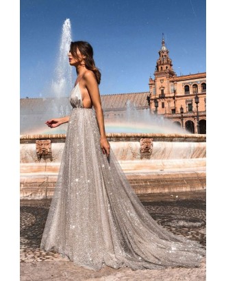 Silver Glittering Sequin V Neck Backless Tulle Beautiful Maxi Formal Dress