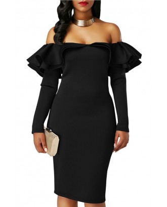 Black Off Shoulder Layered Ruffled Long Sleeve Bodycon Party Dress