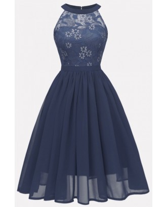 Dark-blue Floral Lace Keyhole Back Beautiful Fit & Flare Chiffon Dress