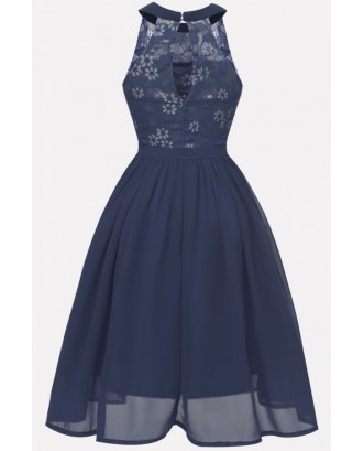 Dark-blue Floral Lace Keyhole Back Beautiful Fit & Flare Chiffon Dress