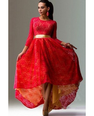 Red Mesh Lace Tie Waist Asymmetric High Low Party Dress
