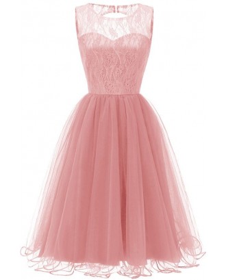 Pink Lace Round Neck Sleeveless Tulle Beautiful A Line Dress