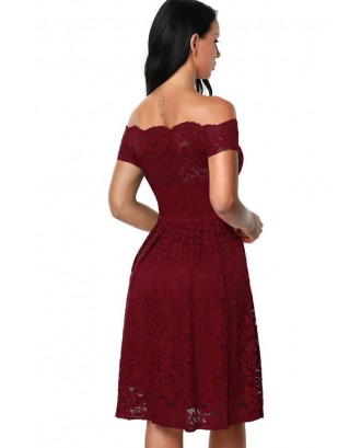Dark Red Scalloped Off Shoulder Lace A Line Party Dress