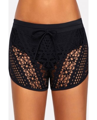 Black Drawstring Hollow Out Lace Dolphin Shorts Swim Bottom