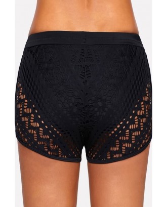 Black Drawstring Hollow Out Lace Dolphin Shorts Swim Bottom