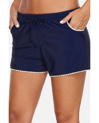 Dark-blue Drawstring Pocket Contrast Hem Casual Swimsuit Bottom