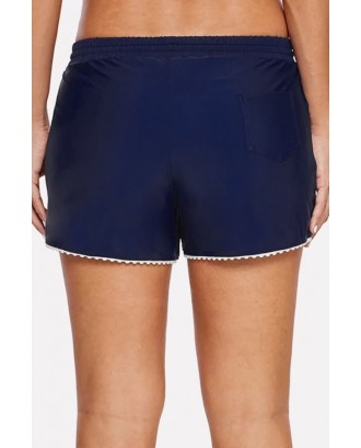 Dark-blue Drawstring Pocket Contrast Hem Casual Swimsuit Bottom