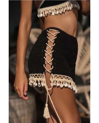 Black Crochet Lace Up Side Shell Beautiful Swim Skirt