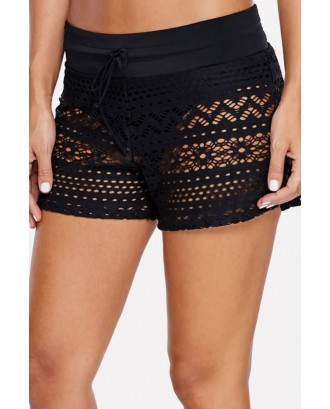 Black Hollow Out Lace Crochet Drawstring Shorts Beautiful Swimsuit Bottom