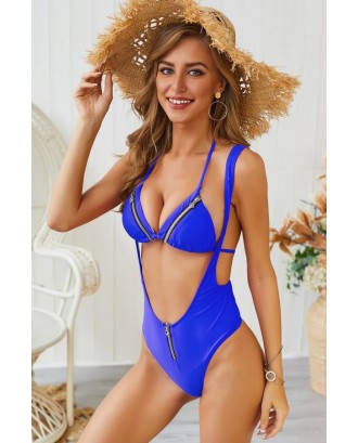 Blue Zipper Halter Triangle Thong Beautiful Swimwear Swimsuit