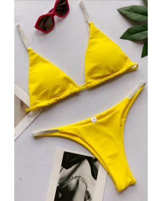 Yellow Spaghetti Straps Rhinestone High Cut Beautiful Thong Swimwear