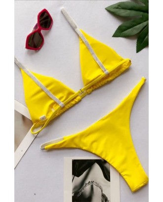 Yellow Spaghetti Straps Rhinestone High Cut Beautiful Thong Swimwear