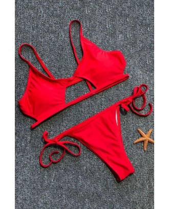Red Cutout Caged Tie Sides Beautiful Thong Swimwear Swimsuit