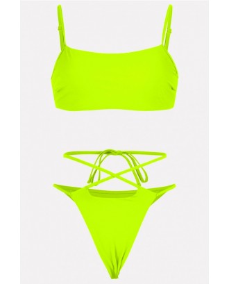 Neon Green Spaghetti Straps Crisscross High Cut Thong Beautiful Swimwear