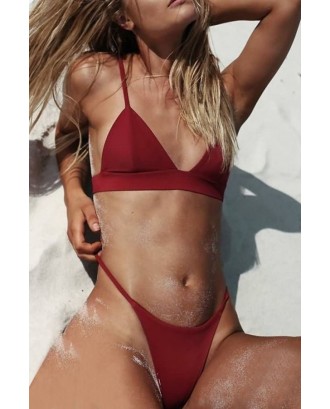 Dark-red Spaghetti Straps Padded High Cut Beautiful Thong Swimwear