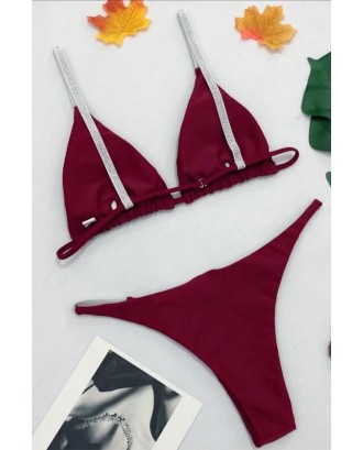 Dark-red Spaghetti Straps Rhinestone High Cut Beautiful Thong Swimwear