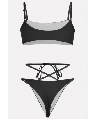 Black Spaghetti Straps Crisscross High Cut Thong Beautiful Swimwear