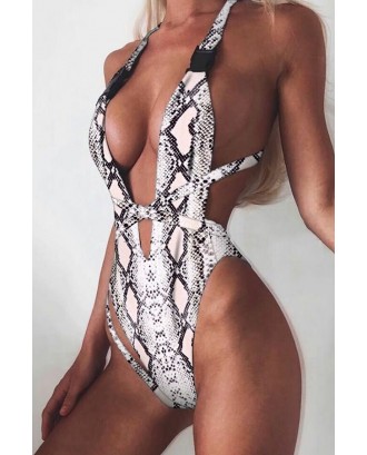 White Snakeskin Plunging High Cut Cheeky Beautiful One Piece Swimsuit