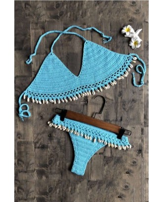 Jade-blue Shell Fringe Crochet Triangle High Cut Beautiful Swimwear Swimsuit
