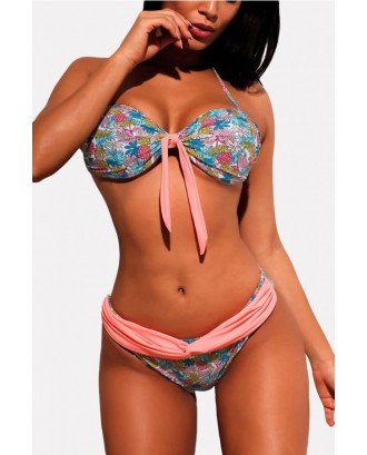 Pink Floral Print Halter Knotted Push Up Cheeky Beautiful Swimwear