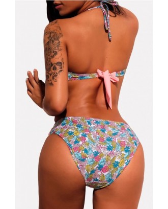 Pink Floral Print Halter Knotted Push Up Cheeky Beautiful Swimwear