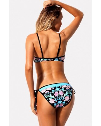 Light-blue Floral Print Lace Up Tie Sides Cheeky Beautiful Swimwear