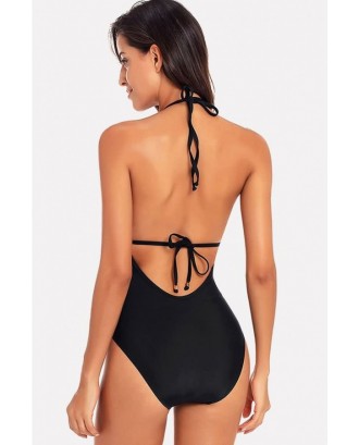 Black Halter Mesh Splicing Backless Beautiful One Piece Swimsuit