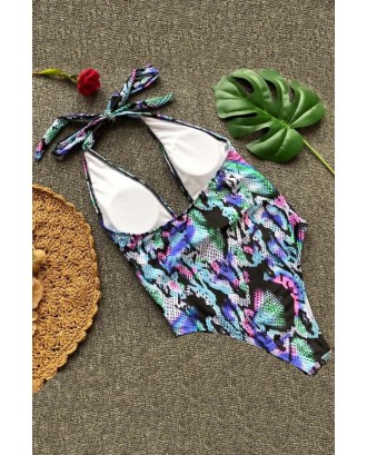 Snakeskin Halter Plunging Padded Beautiful One Piece Swimsuit