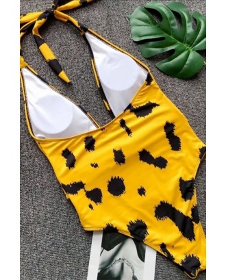Leopard Halter Plunging Padded Beautiful One Piece Swimsuit