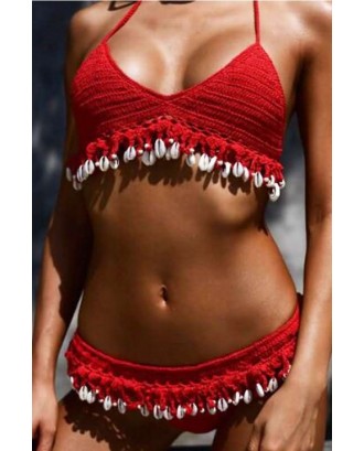 Red Shell Fringe Crochet Triangle High Cut Beautiful Swimwear Swimsuit