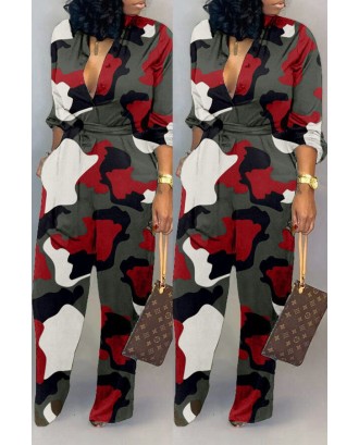 Lovely Casual Camouflage Printed Red One-piece Jumpsuit
