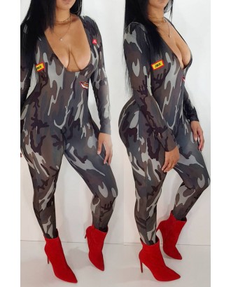 Lovely Leisure Lip Camouflage Printed One-piece Jumpsuit