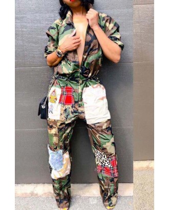 Lovely Euramerican Patchwork Camouflage Printed One-piece Jumpsuit