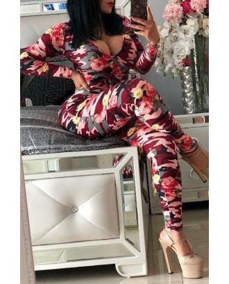 Lovely Trendy Camouflage Printed Red One-piece Jumpsuit