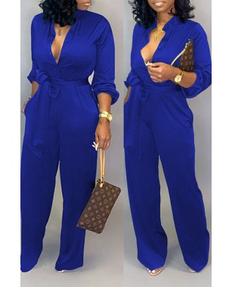 Lovely Work Lace-up Loose Blue One-piece Jumpsuit
